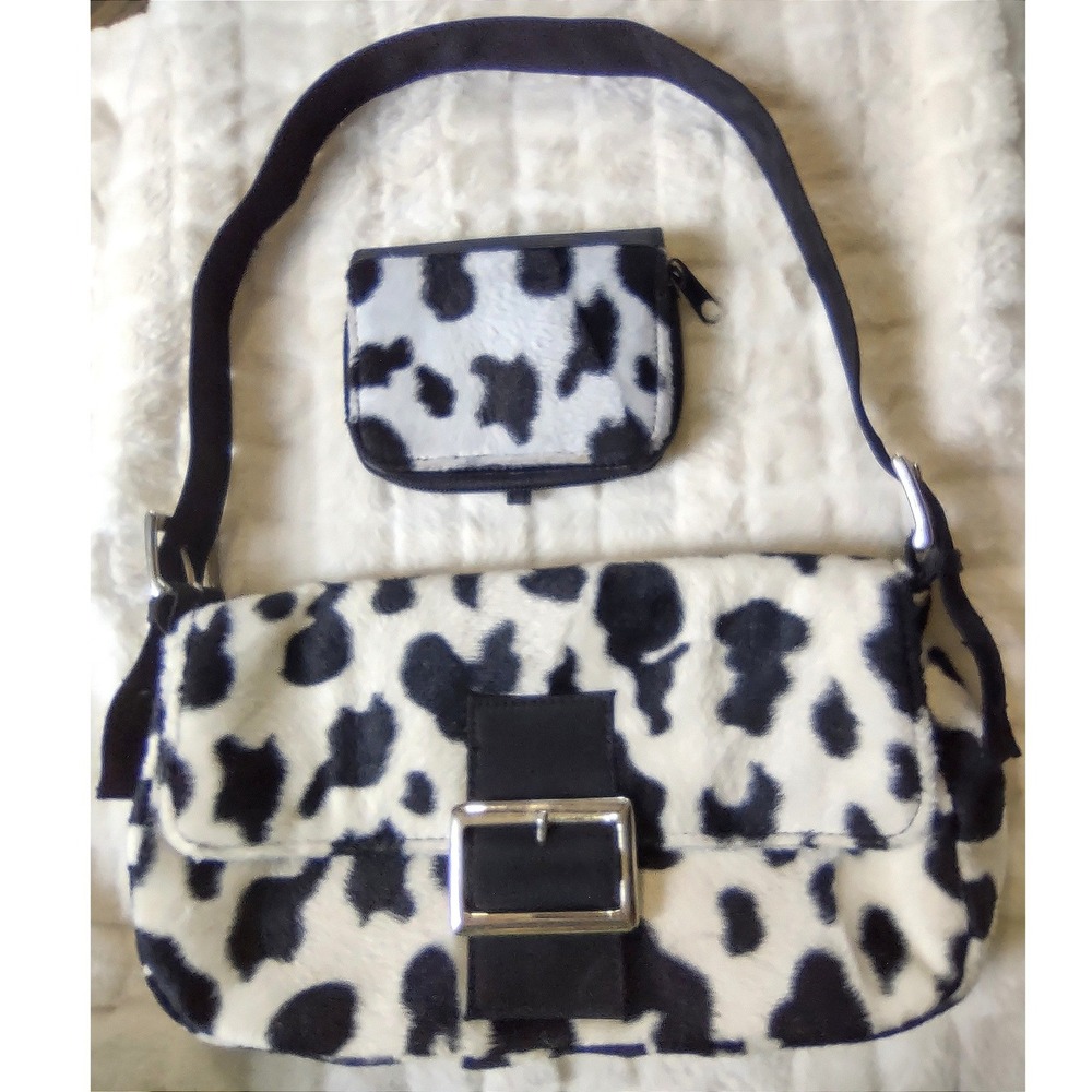 Chateau Cow Print Faux Fur Shoulder Bag and Matching‎ Wallet Set Black White Y2K